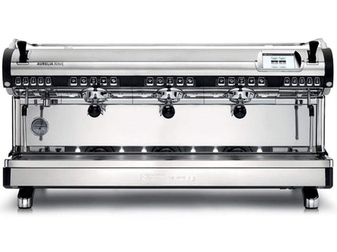 Front view of chrome Nuova Simonelli Aurelia Wave Digit 2-group commercial volumetric espresso machine with touchscreen, dual group heads, steam wands, and programmable controls
